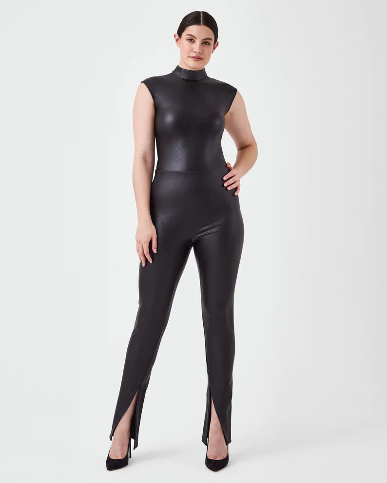 Leather-Like Mock Neck Bodysuit