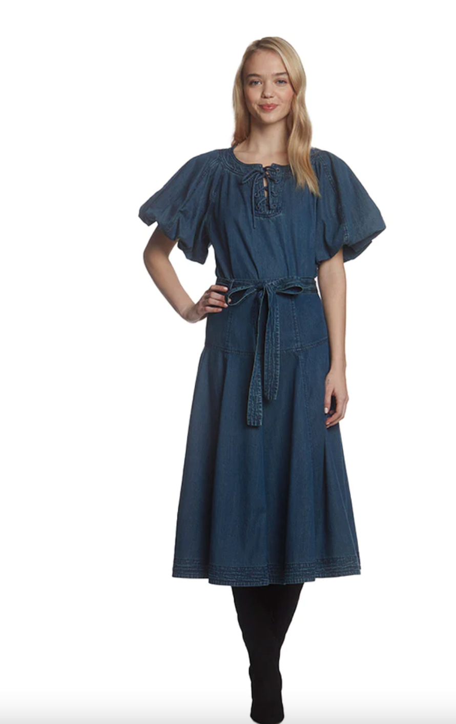 Washed Denim Belted Midi Skirt