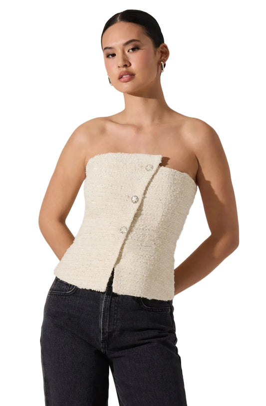 Moina Asymmetrical Strapless Tweed Top